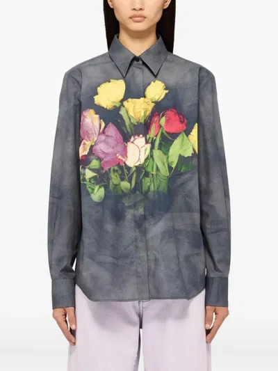 Msgm Floral-print Shirt In Gray