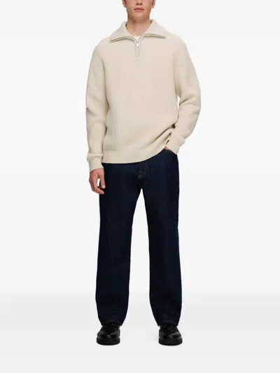 Selected Gerippter Pullover Mit Reissverschluss In Neutral