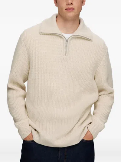 Selected Gerippter Pullover Mit Reissverschluss In Neutral