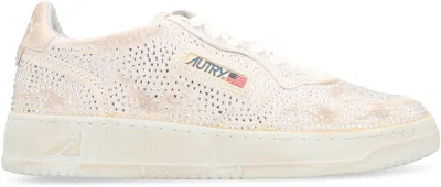 Autry Medalist Low Sneakers In Worn-out Effect Suede With Rhinestones In White