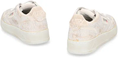Autry Medalist Low Sneakers In Worn-out Effect Suede With Rhinestones In White
