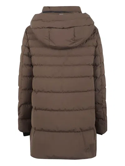 Herno Long Hooded Padded Quilted Jacket In Brown