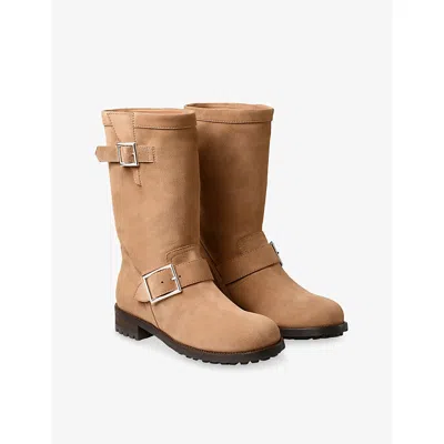 Jimmy Choo Biker Buckled Suede Ankle Boots In Brown