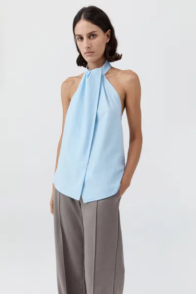 St Agni Open-back Gathered Organic Cotton-poplin Halterneck Top In Blue