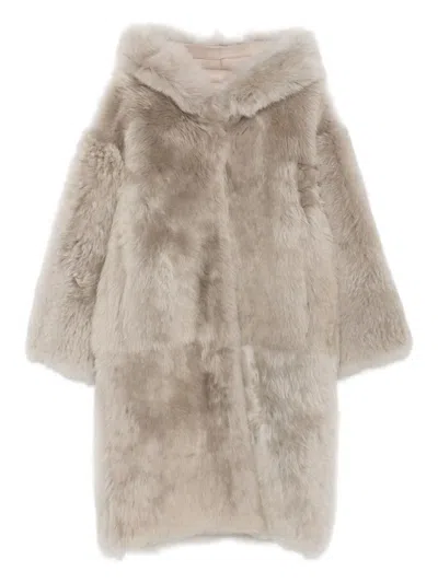 Liska Hooded Shearling Coat In Brown