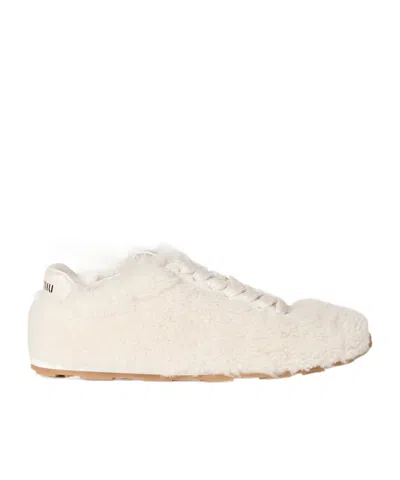 Miu Miu Lace-up Shoes With Faux Fur Texture In White