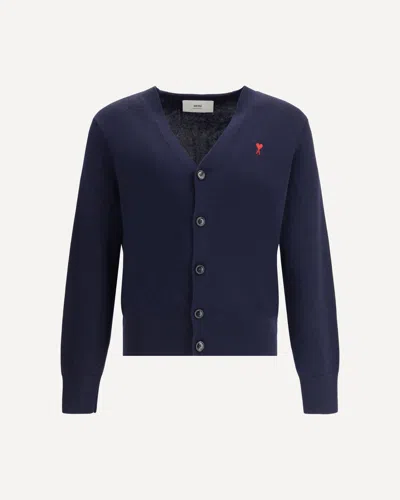 Ami Alexandre Mattiussi Ami Paris Men Blue Cardigan With V Neck And Adc Embroidery On The Front In Wool Blend Man In Blue
