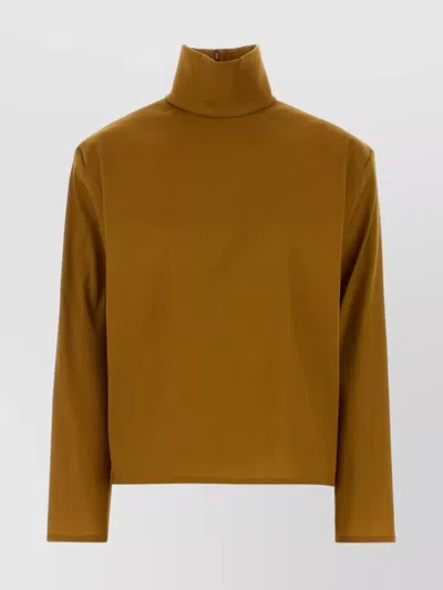 Saint Laurent Stretch Silk Blend Turtleneck Long Sleeve Top In Brown
