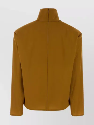 Saint Laurent Stretch Silk Blend Turtleneck Long Sleeve Top In Brown