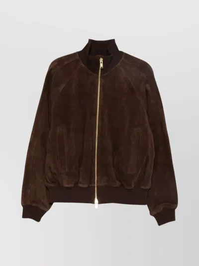 Baracuta Suede Track Jacket With Ribbed Collar And Cuffs In Brown