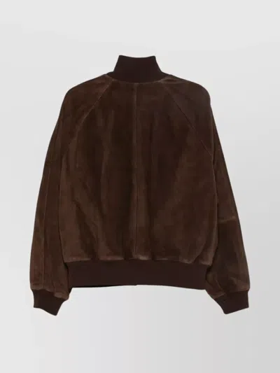 Baracuta Suede Track Jacket With Ribbed Collar And Cuffs In Brown