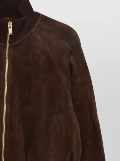 Baracuta Suede Track Jacket With Ribbed Collar And Cuffs In Brown