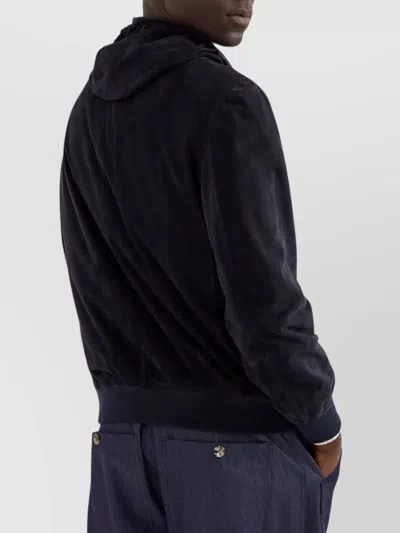 Brunello Cucinelli Suede Hooded Jacket Adjustable Drawstring In Black