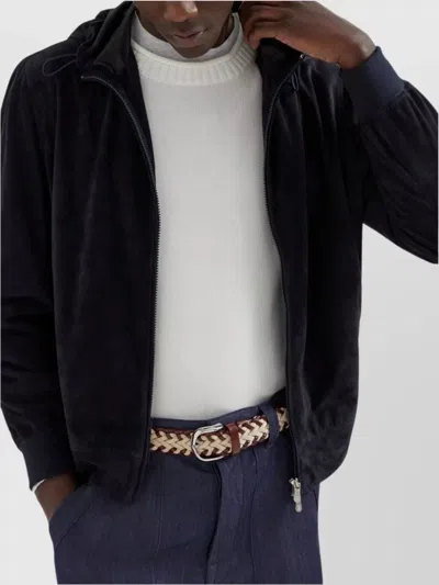 Brunello Cucinelli Suede Hooded Jacket Adjustable Drawstring In Black