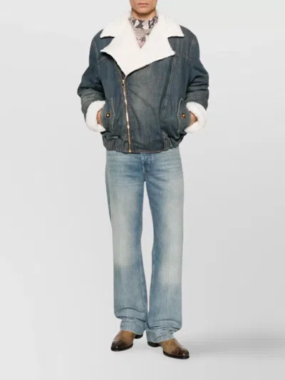 Balmain Shearling Collar Buttoned Pocket Jacket In Gray