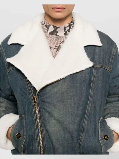 Balmain Shearling Collar Buttoned Pocket Jacket In Gray