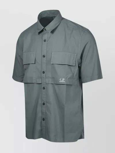 C.p. Company Short-sleeve Button-up Shirt With Classic Collar And Flap Pockets In Gray