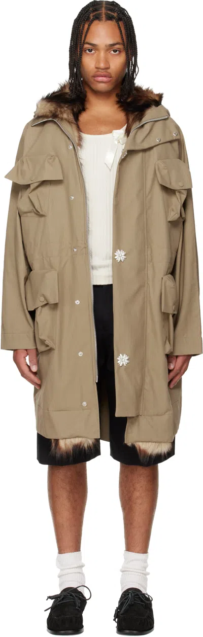 Simone Rocha Khaki Multi Pocket Faux Fur Lined Parka Coat In Brown