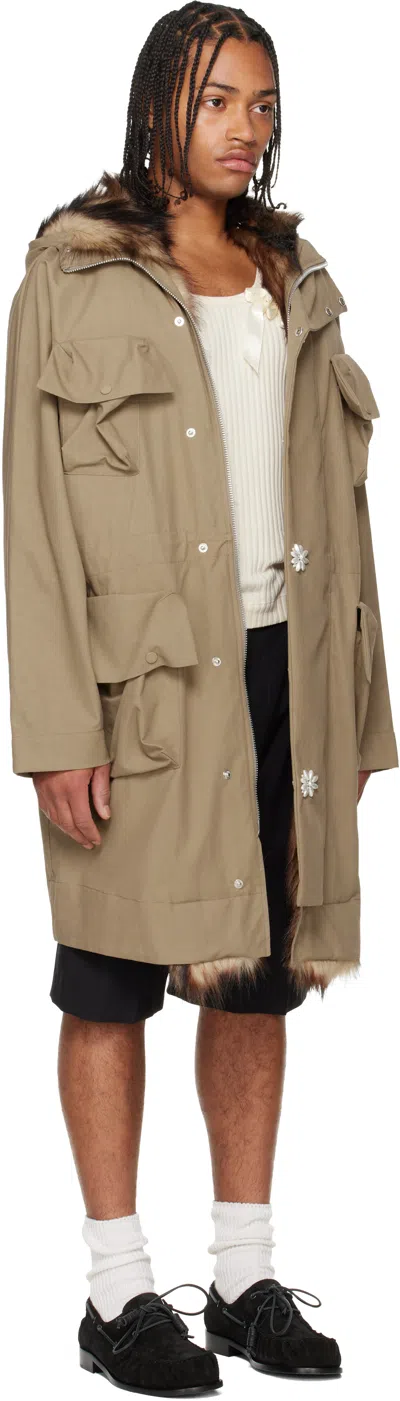 Simone Rocha Khaki Multi Pocket Faux Fur Lined Parka Coat In Brown