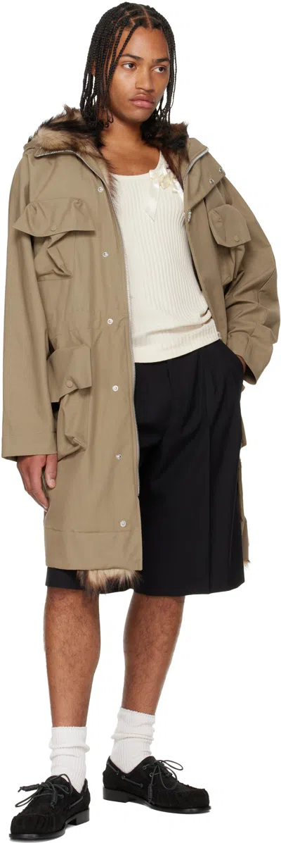 Simone Rocha Khaki Multi Pocket Faux Fur Lined Parka Coat In Brown