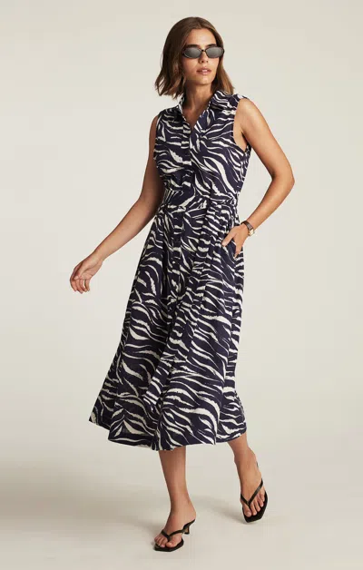 Mavi Tie-waist Midi Shirtdress In Dark Navy Zebra Print In Multi