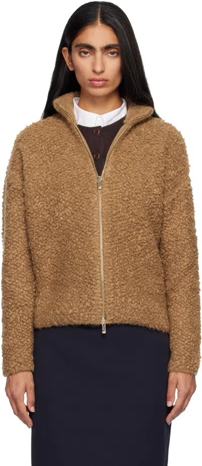 Max Mara Studio Beige Zipup Cardigan In Boucle Wool Blend In Brown