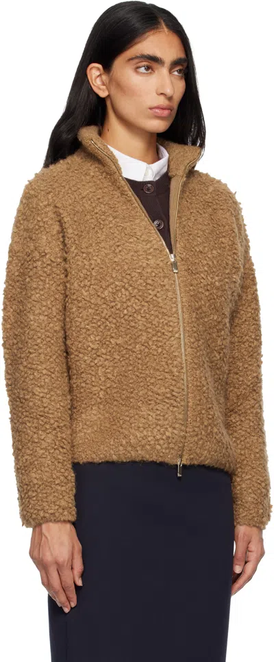 Max Mara Studio Beige Zipup Cardigan In Boucle Wool Blend In Brown