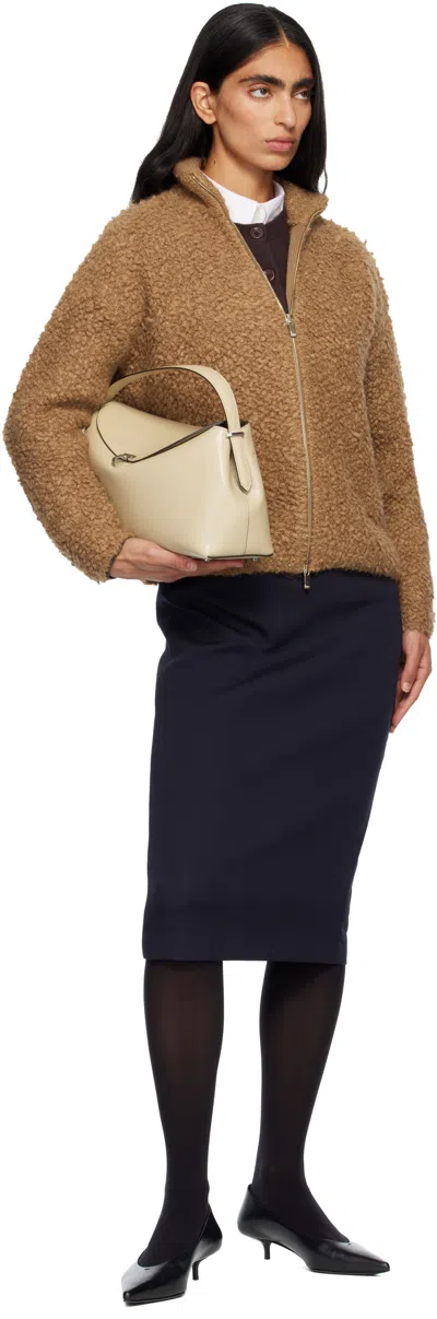 Max Mara Studio Beige Zipup Cardigan In Boucle Wool Blend In Brown