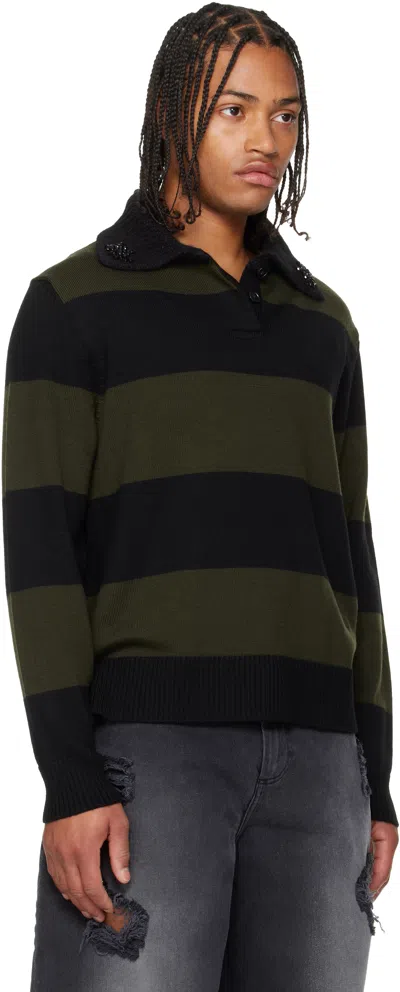Simone Rocha Striped Embellished-collar Polo Shirt In Green