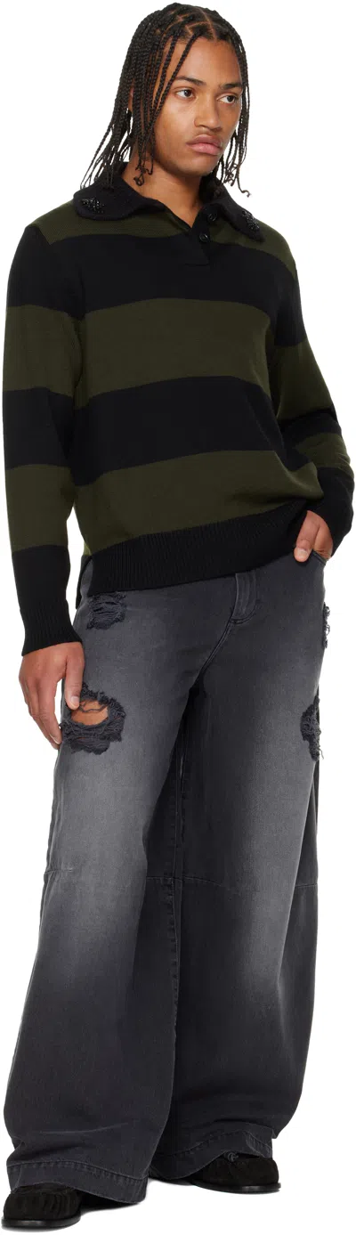 Simone Rocha Striped Embellished-collar Polo Shirt In Green