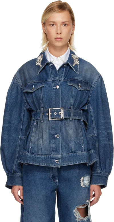 Simone Rocha Blue Turbo Embellished Sculpted Belt Detail Denim Jacket