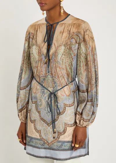 Zimmermann Womens Wanderlust Silk Tunic Top Tapestry Blue Multi In Brown