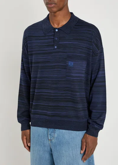 Loewe Logo-embroidered Striped Wool Polo In Blue