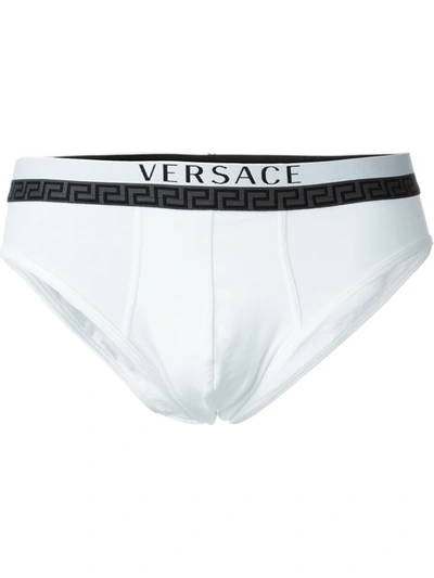 Shop Versace 'greca' Waistband Detail Briefs In White