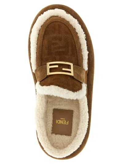 Fendi Women Beige Mules With Logo Lettering On The Rear And Ff Buckle In Suede Woman In Multi