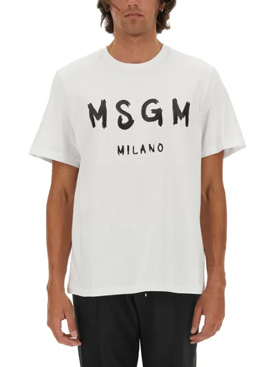 Msgm Cotton T-shirt With Front Printed Logo In White