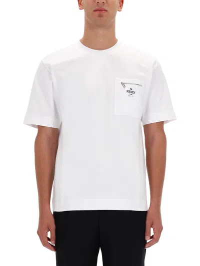 Fendi Men White Crewneck T-shirt With Log Print On The Front In Cotton Man