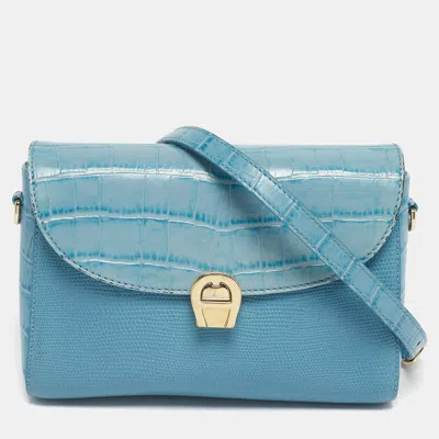 Pre-owned Aigner Light Turquoise Croc And Lizard Embossed Genoveva Shoulder Bag In Blue