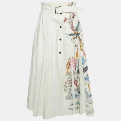Pre-owned Dior Christian  White Printed Cotton & Silk Pleated Midi Skirt M