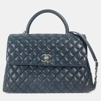 Pre-owned Chanel Cc Coco Mark Quilted Matelasse Blue Caviar Skin 2-way Top Handle Chain Shoulder Bag