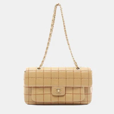 Pre-owned Chanel Chocolate Bar Wild Stitch Shoulder Bag Lambskin Sheepskin Beige In Sand