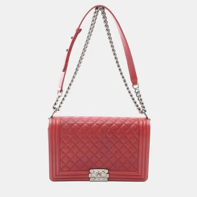 Pre-owned Chanel Large Chevron Shoulder Bag Caviar Skin Grained Calf Red