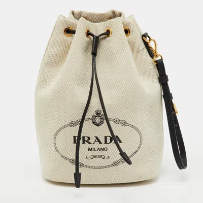 Pre-owned Prada Off White/black Canvas And Leather Logo Drawstring Wristlet Pouch