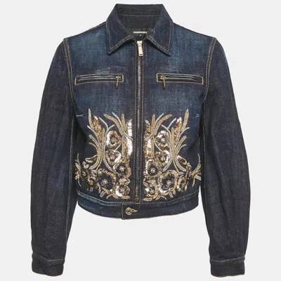 Pre-owned Dsquared2 Navy Blue Sequin Embroidered Denim Jacket M