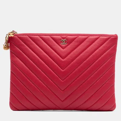 Pre-owned Chanel Red Medium Chevron Caviar Ancient Greek Charms O Case Clutch