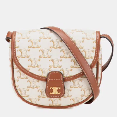 Pre-owned Celine Mini Triomphe Coated Canvas Besace Crossbody In White