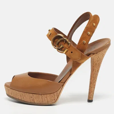 Pre-owned Gucci Brown Leather And Suede Slingback Sandals Size 38