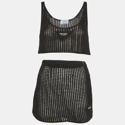 Pre-owned Prada Black Logo Embroidered Crochet Crop Top And Skirt Set M