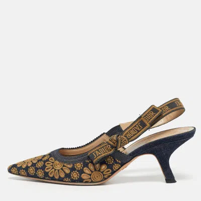Pre-owned Dior Navy Blue/yellow Embroidered Canvas J'a Slingback Pumps Size 38
