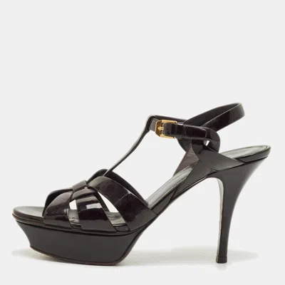 Pre-owned Saint Laurent Burgundy Patent Leather Tribute Ankle Strap Sandals Size 37.5